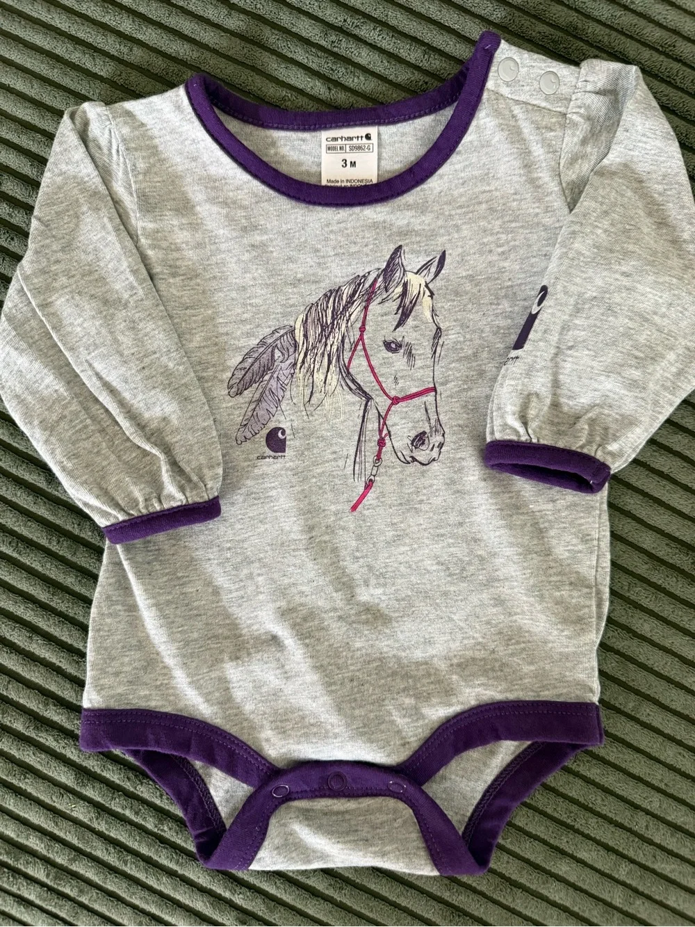 Carhartt Purple Corduroy Overalls with Gray Horse Bodysuit